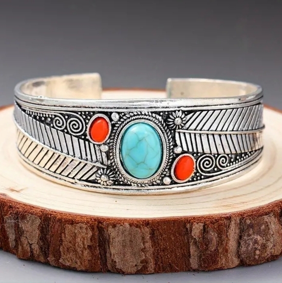 Turquoise Open Carved Leaf Feather Bracelet - Picture 1 of 6